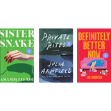 Three book covers: Sister Snake, Private Rite, and Definitely Better Now